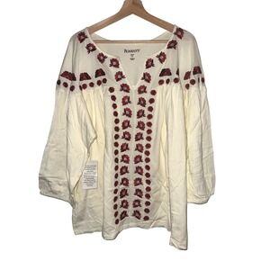 Roaman's Womens 1X 22/24 Cream Embroidered Floral Peasant Blouse Tunic Top